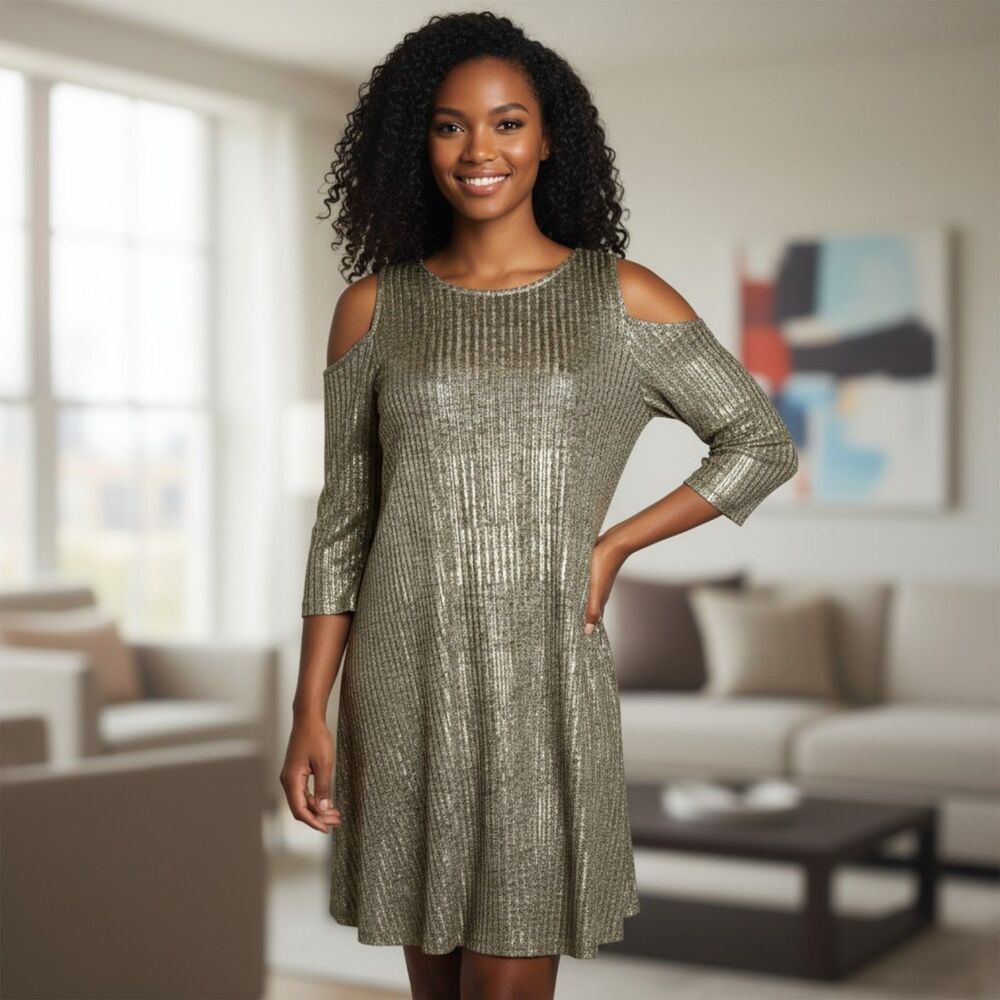 Cato Women's Shimmery Gold Silver Cold Shoulder Knee Length Dress L